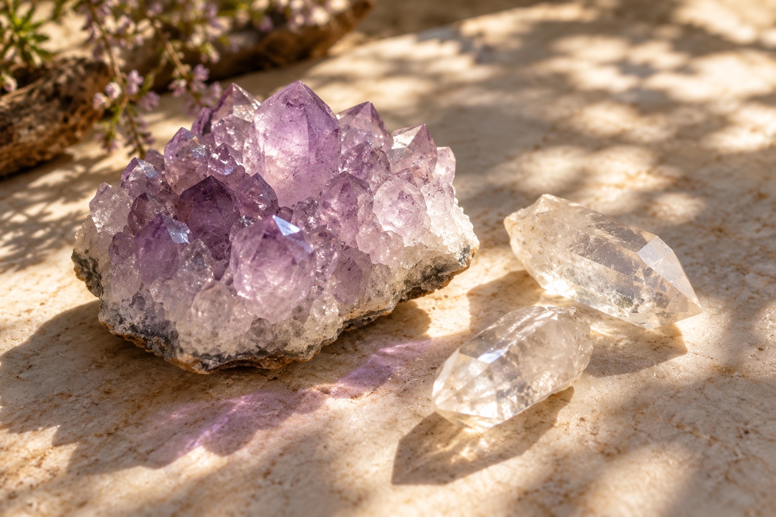 Illustrative amethyst and quartz in dappled sunlight; not actual shop inventory